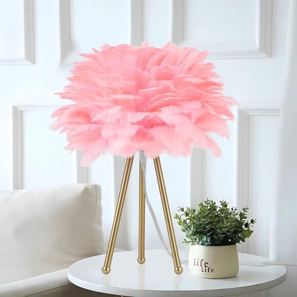 Pink Faux Feather Plumes Leaf Tripod Gold Modern Table Desk Lamp Home Decor